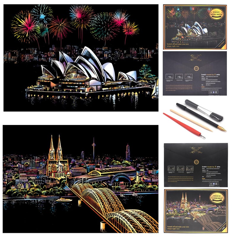BOTEEN Rainbow Scratch Painting Paper by BOTEEN,City Series Night Scene,Scratch Painting Creative Gift,Scratchboard for Adult and Kids,with 4 Tools,Size:16''x11'' (Sydney Opera House) - Image 1